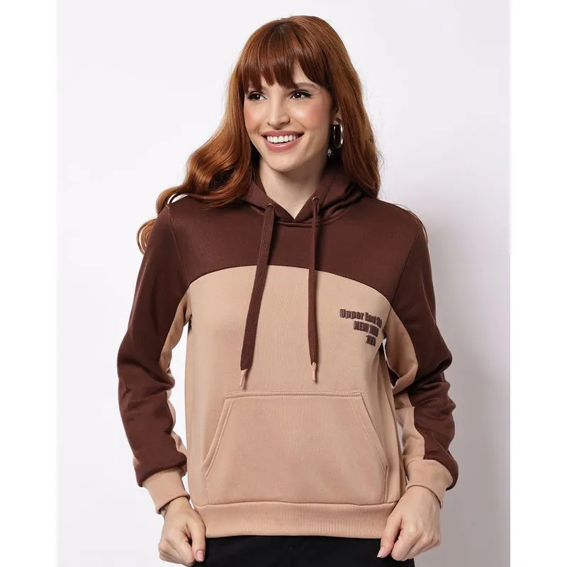 Blusão Moletom Feminino Bicolor com Capuz Bolso Marrom GG