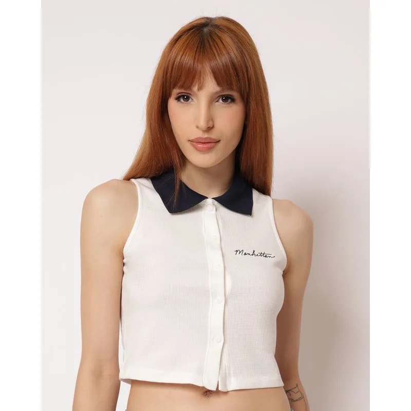 Regata Feminina Cropped Polo com Bordado Off White M