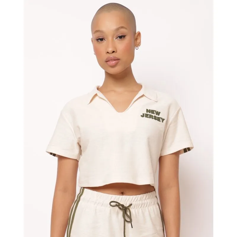 Blusa Polo Cropped Moletinho Bordado New Jersey Bege GG