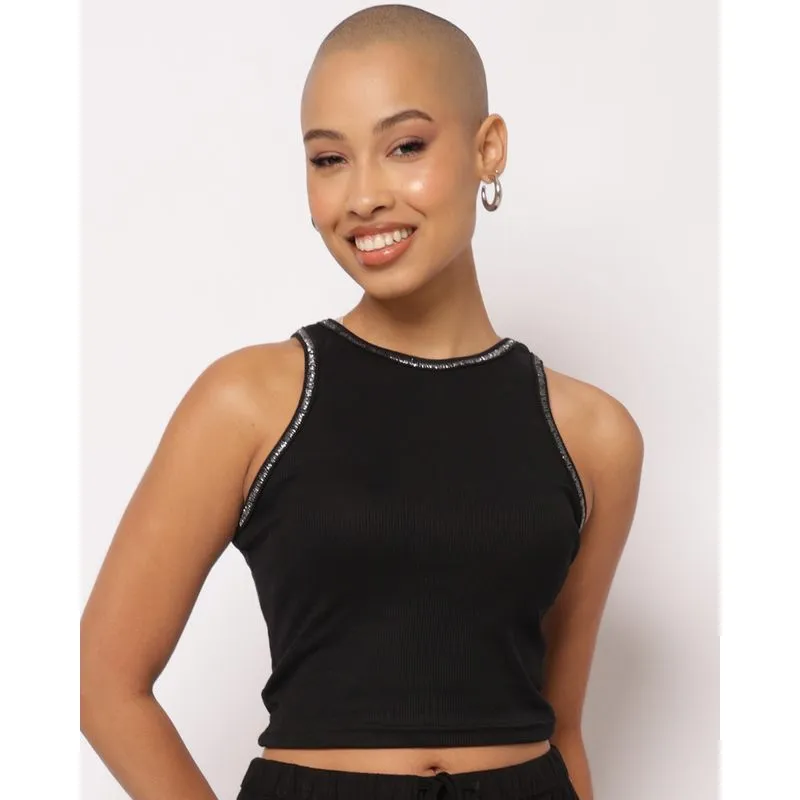 Regata Feminina Cropped Canelada com Lurex Preta G