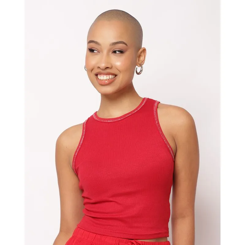 Regata Feminina Cropped Canelada com Lurex Vermelha P