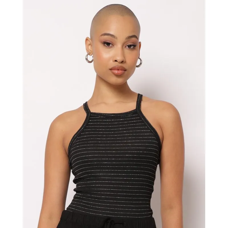Blusa Feminina Alcinha Canelada Listrada com Lurex Preta P