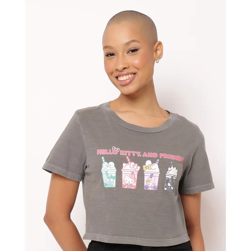Camiseta Cropped Feminina Hello Kitty Manga Curta Cinza P