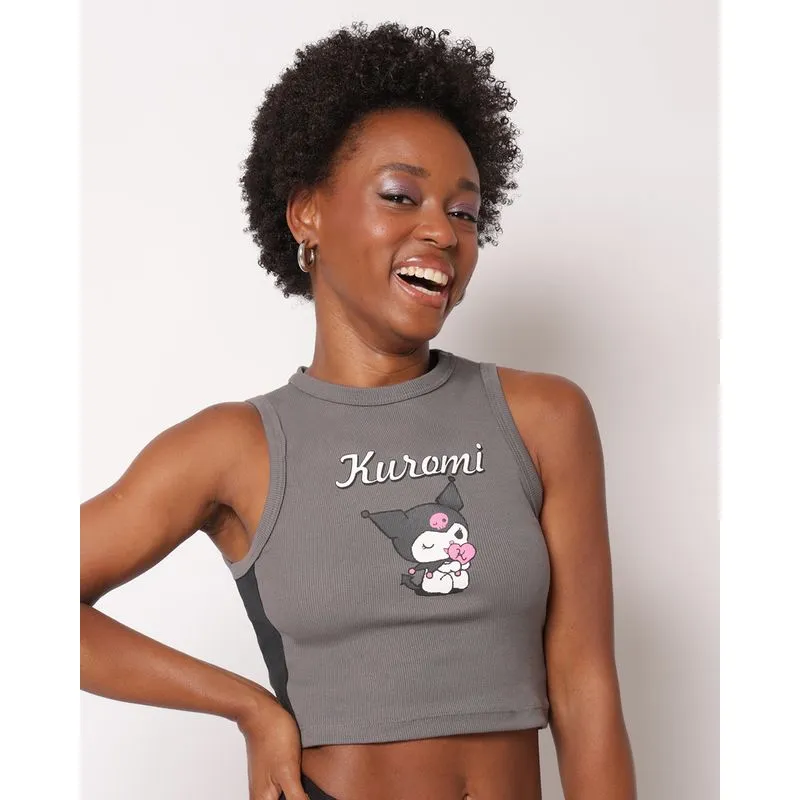 Regata Feminina Cropped Canelada Kuromi com Recorte Cinza P