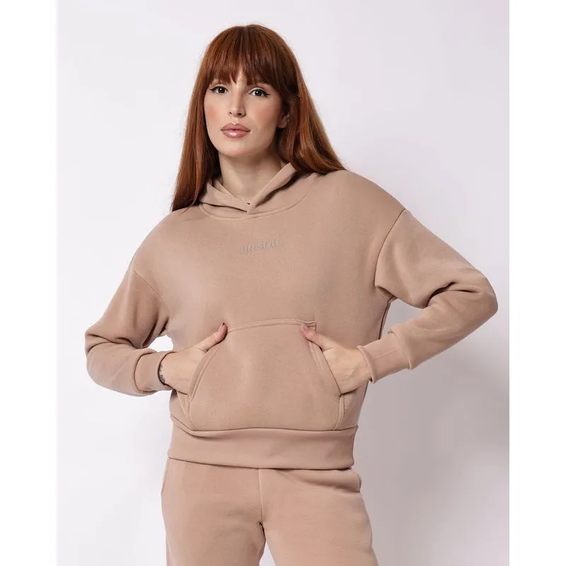 Blusão Moletom Feminino com Capuz Estampa Bolso Canguru Bege P