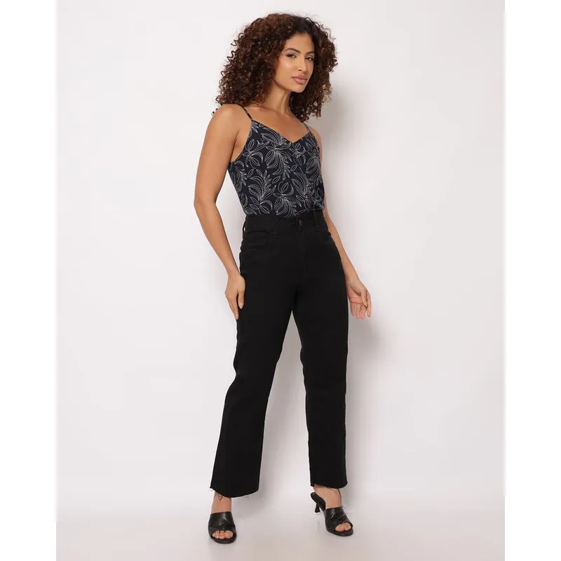 Calça Sarja Feminina Reta com Bolsos Barra Desfiada Preta 40