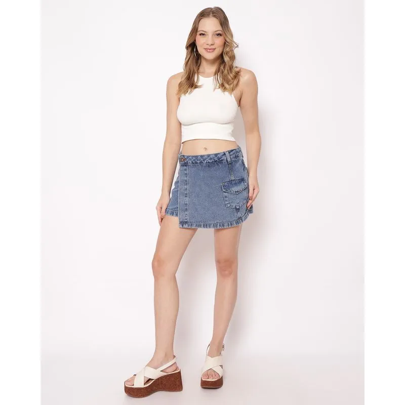 Short Saia Jeans Feminino com Bolso Lapela Azul 54