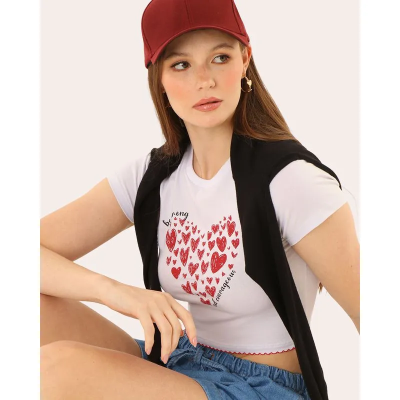 Blusa Feminina Cropped Estampa Corações Barra Picueta Branca PP