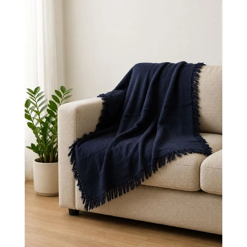 Manta Para Sofá Texturizada 150cm x 120cm Com Franjas Marinho UN