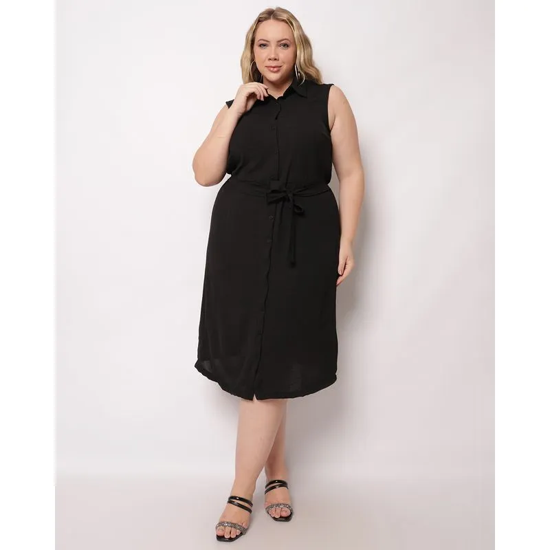 Vestido Plus Size Feminino Chemise Curto com Faixa Amarração Preto G2