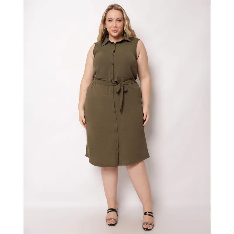 Vestido Plus Size Feminino Chemise Curto com Faixa Amarração Verde G3