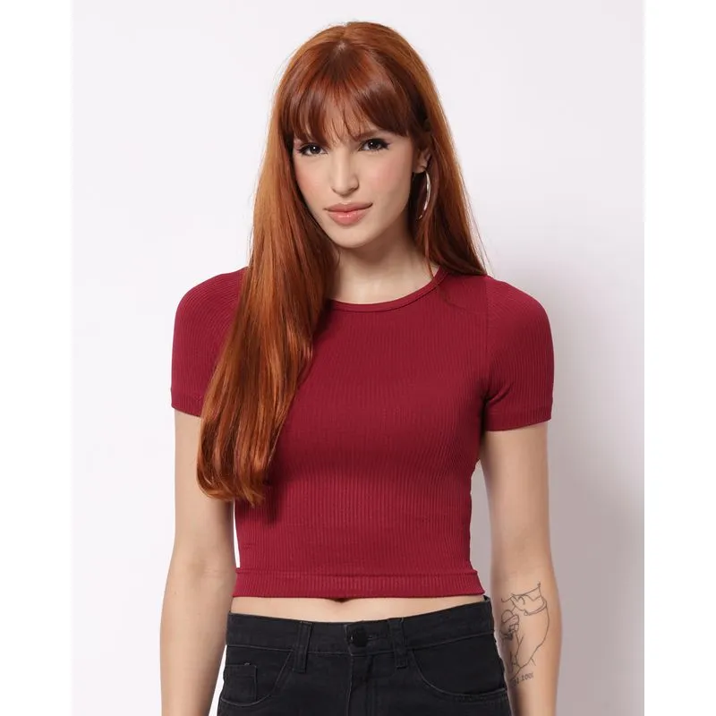 Blusa Cropped Feminina Sem Costura Manga Curta Vermelha M
