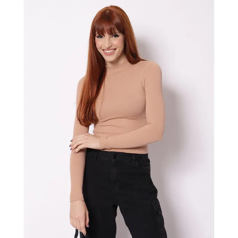 Blusa Feminina Canelada Gola Alta Sem Costura Manga Longa Bege M