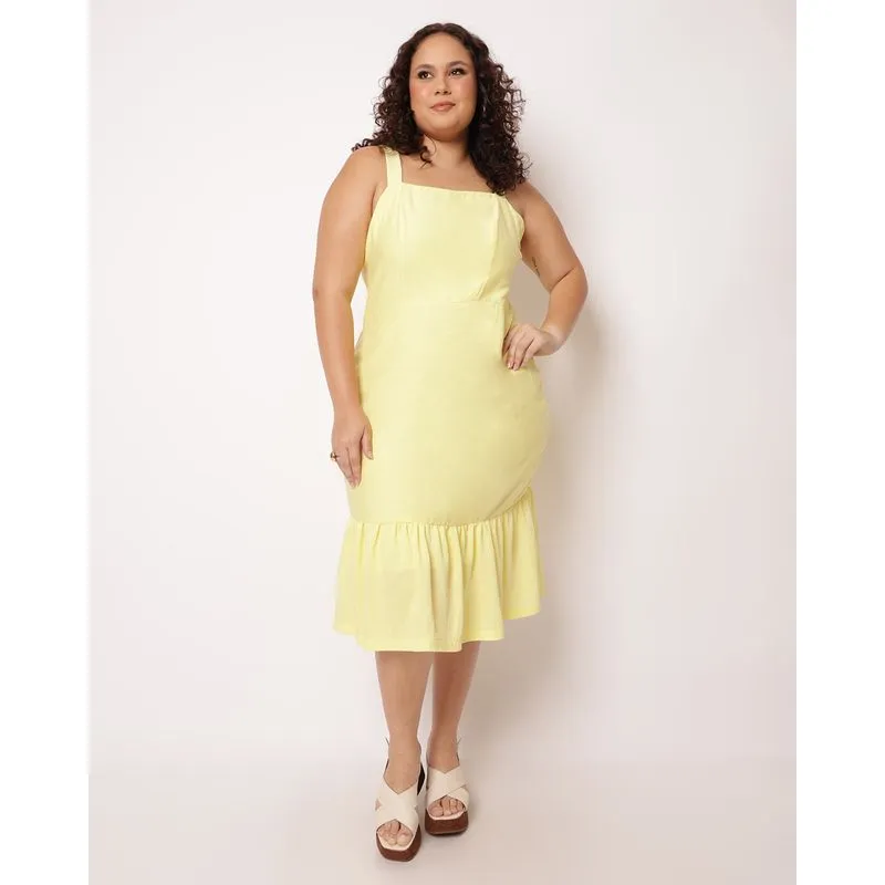 Vestido Plus Size Midi com Recorte Babado Amarelo G3