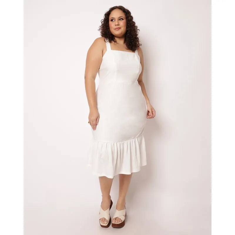 Vestido Plus Size Midi com Recorte Babado Branco G2