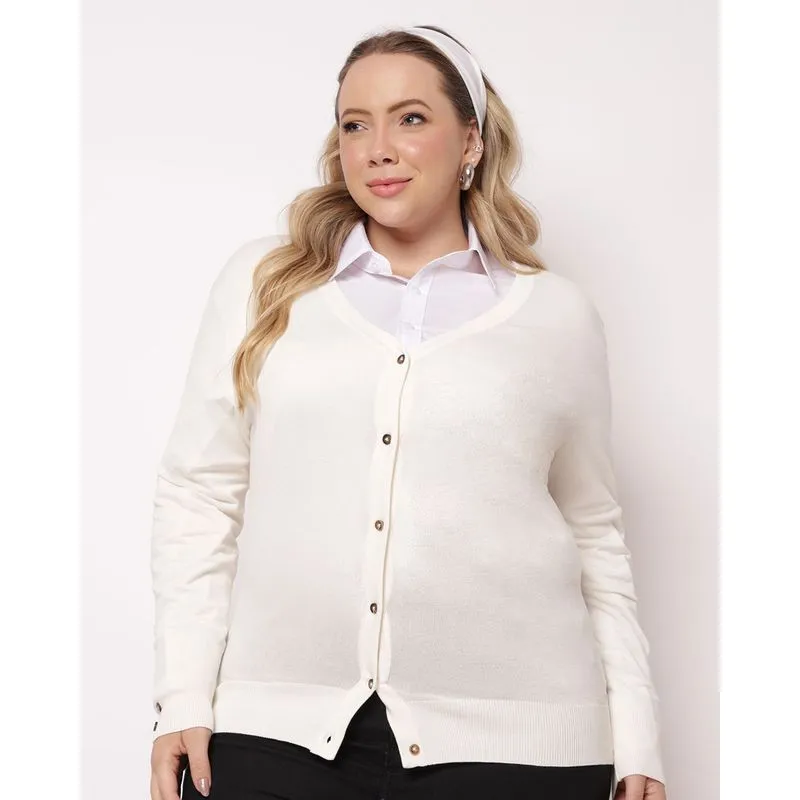 Cardigan Plus Size Feminino Tricô Liso com Botões Off White G2
