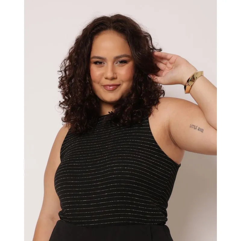 Regata Plus Size Feminina com Lurex Dourado Preta G1