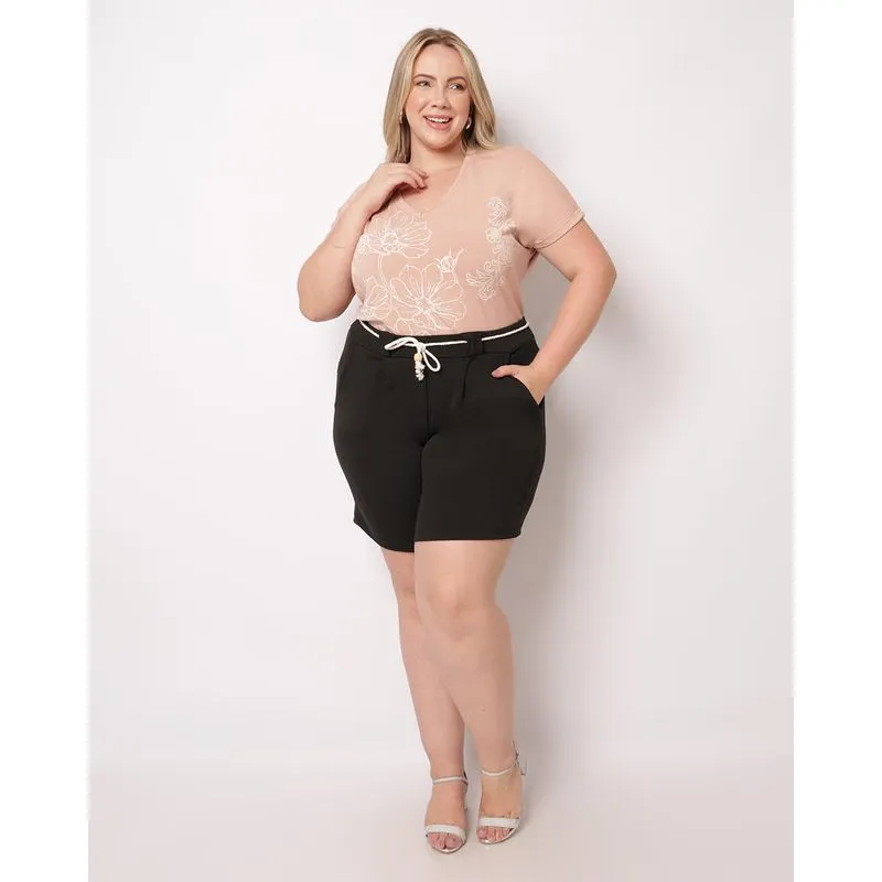 Bermuda Plus Size Reta com Pregas Bolsos Preta G2
