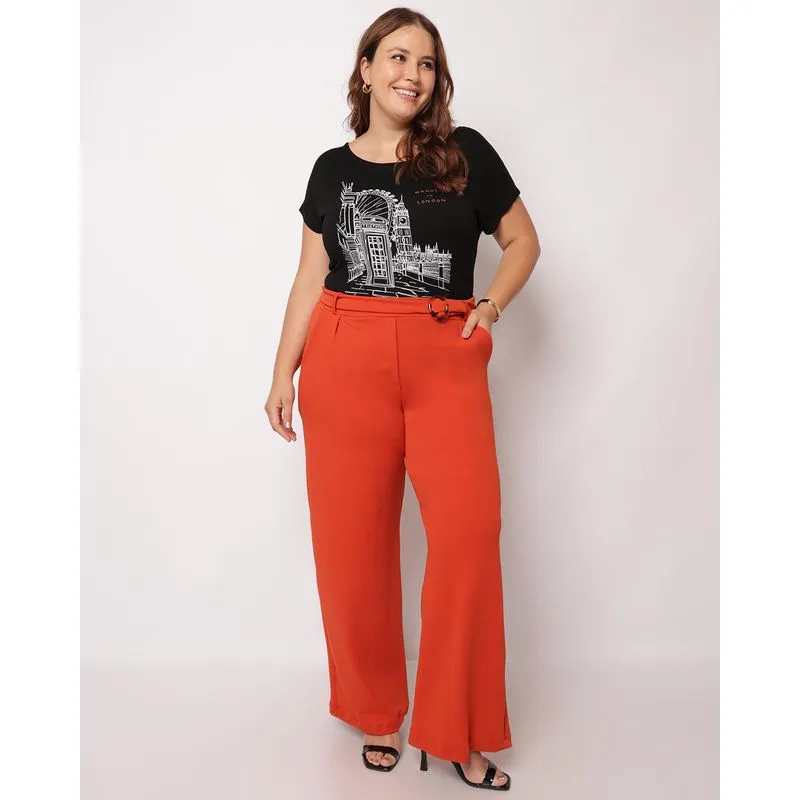 Calça Feminina Plus Size Pantalona com Cinto Forrado Terracota G2
