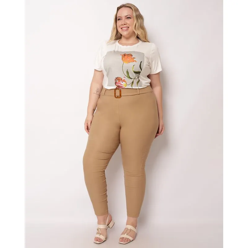 Calça Plus Size Feminina Skinny Bengaline com cinto Bege G3