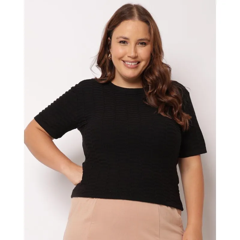 Blusa Feminina Plus Size Tricô Texturizado Manga Curta Preta G3
