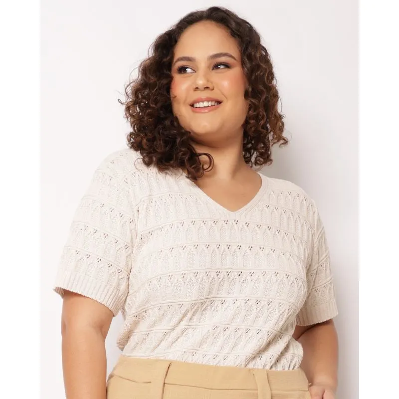 Blusa Plus Size Feminina Tricô Manga Curta Bege G3
