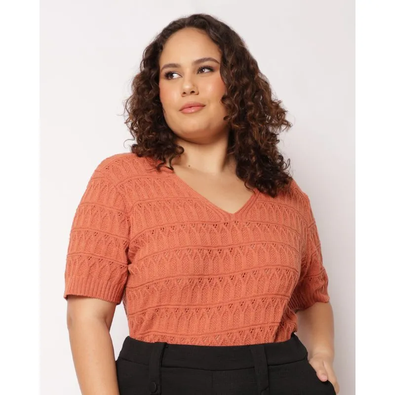 Blusa Plus Size Feminina Tricô Manga Curta Terracota G2