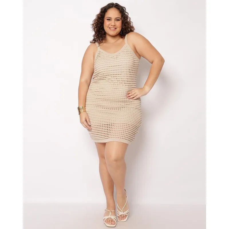 Vestido Plus Size Feminino Curto Tricô Alcinha Bege G1