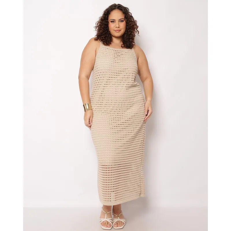 Vestido Plus Size Feminino Longo Tricô Alcinha Bege G1