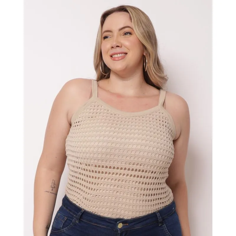 Blusa Plus Size Feminina Alcinha Tricô Bege G3