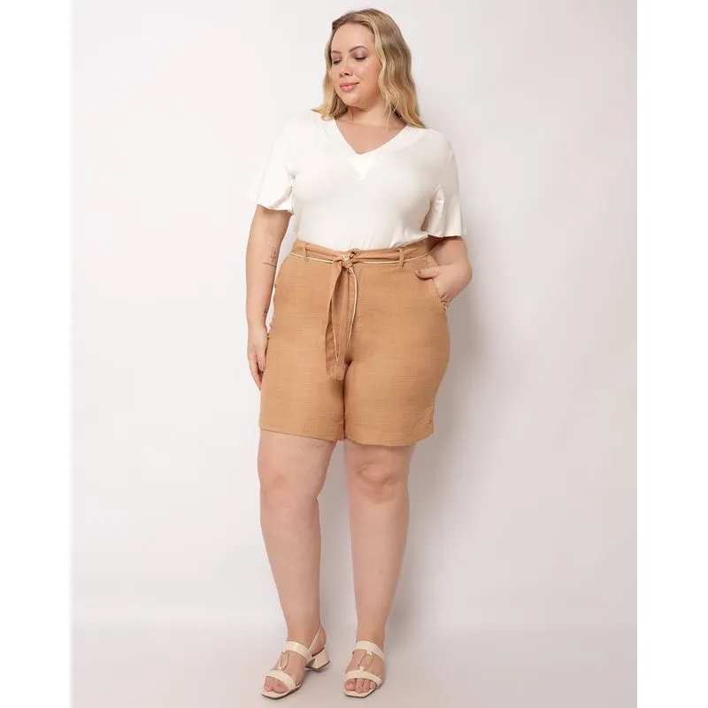 Bermuda Plus Size Feminina com cinto e Bolsos Bege G3