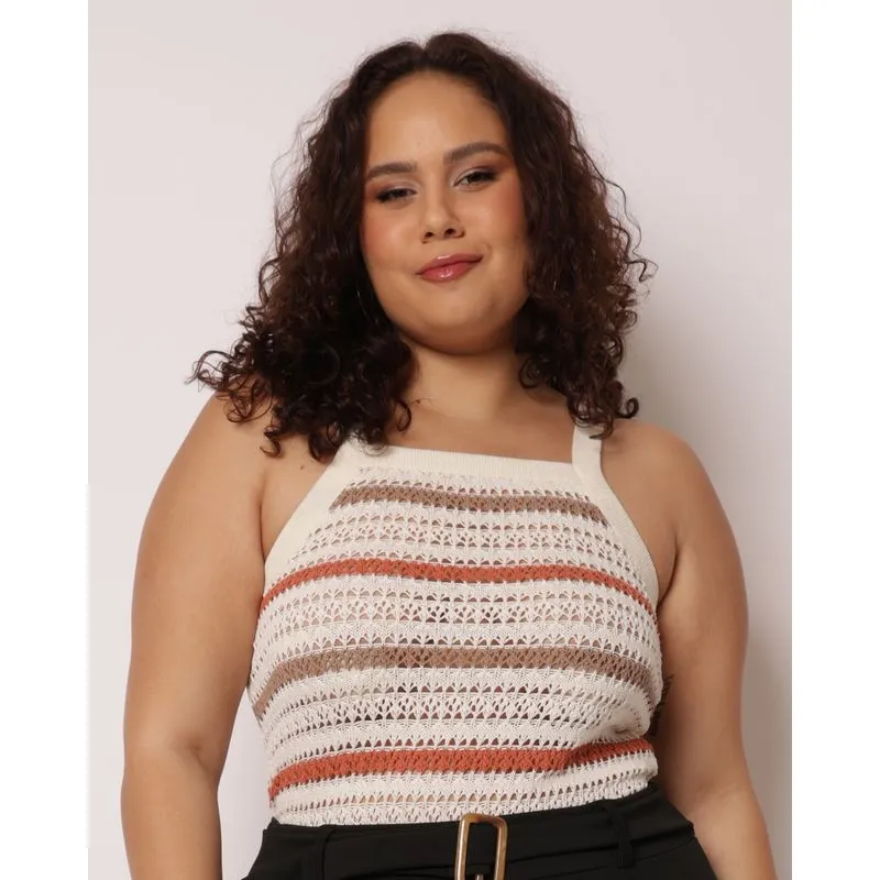 Regata Plus Size Feminina Tricô Canelado Listrada Terracota G2