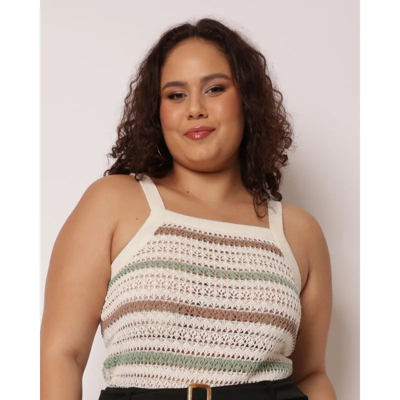 Regata Plus Size Feminina Tricô Canelado Listrada Verde G3