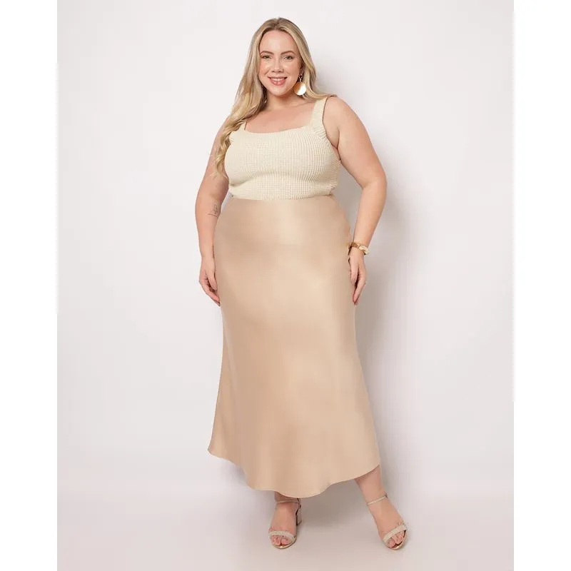Saia Plus Size Feminina Longa Acetinada Bege G1