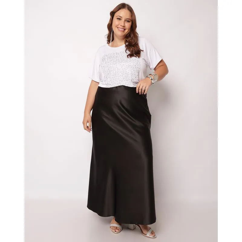 Saia Plus Size Feminina Longa Acetinada Lisa Preta G1
