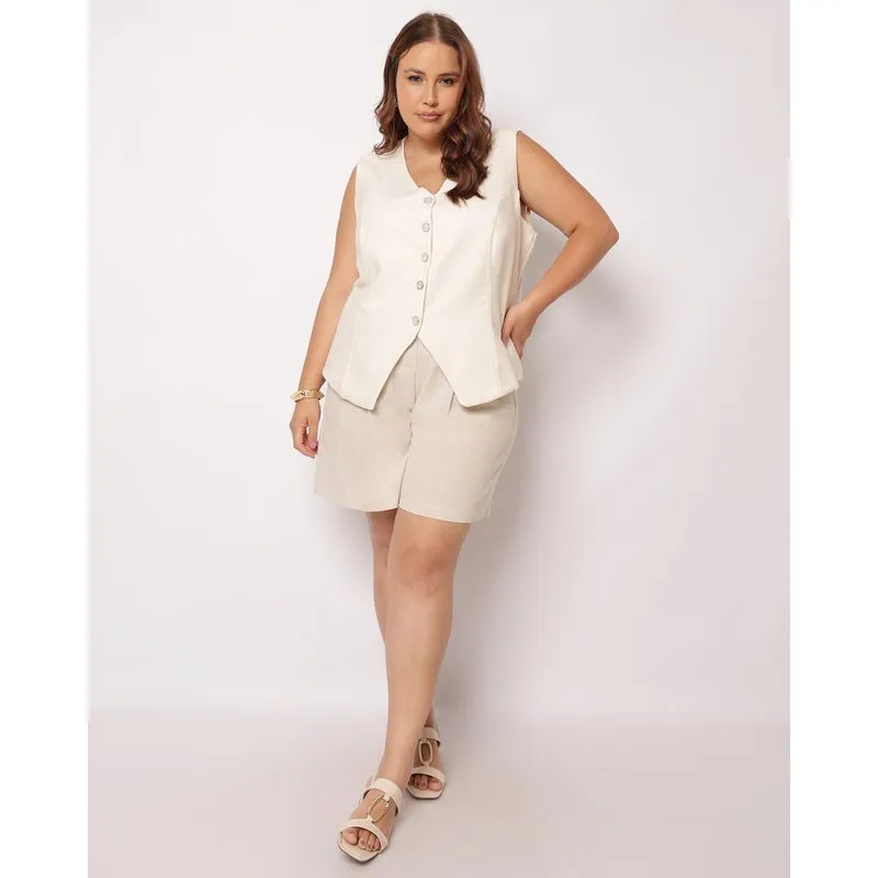Short Plus Size Feminino Curto com Bolsos Pregas Off White G3