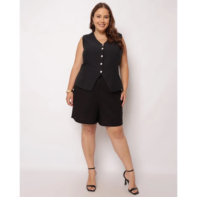 Short Plus Size Feminino Curto com Bolsos Pregas Preto G2