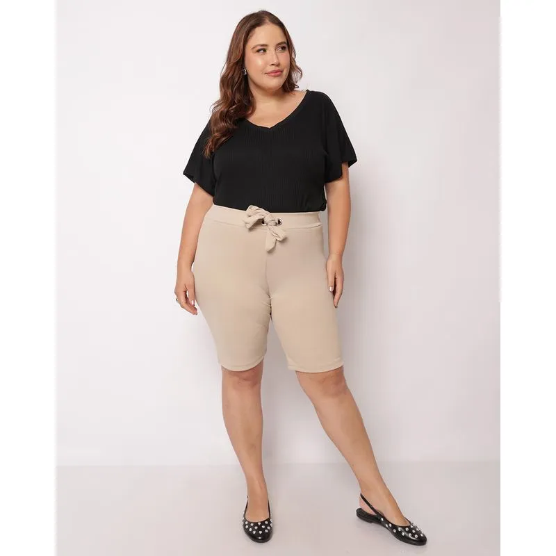 Bermuda Plus Size Feminina Reta Crepe Ilhós Amarração Bege G2