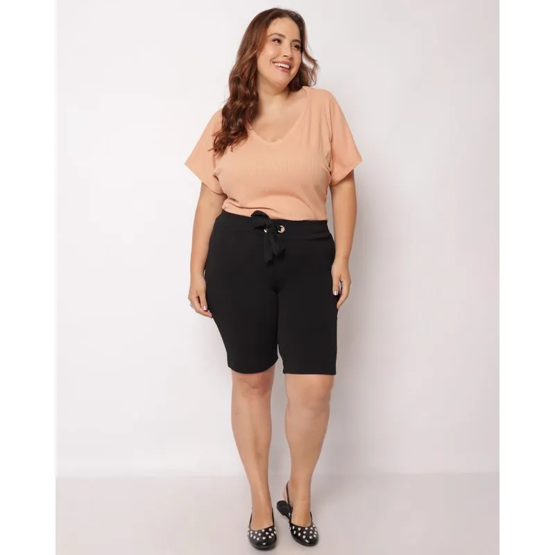 Bermuda Plus Size Feminina Reta Crepe Ilhós Amarração Preta G3