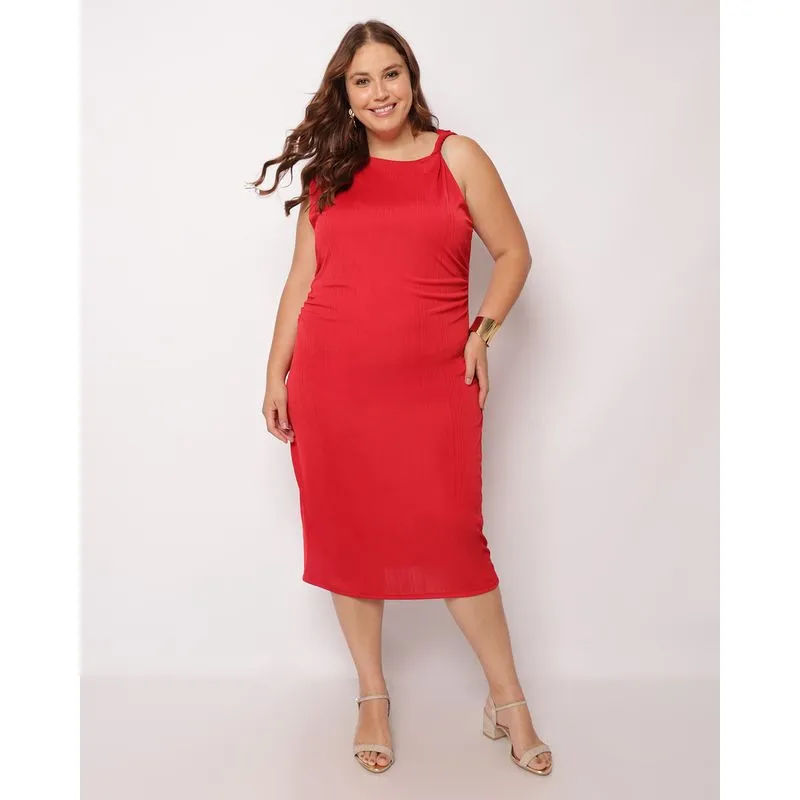 Vestido Plus Size Feminino Midi Texturizado Vermelho G1