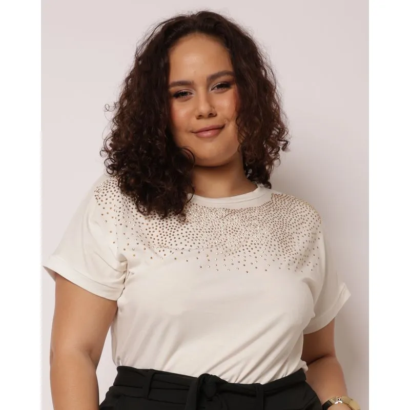 Blusa Plus Size Feminina Viscose Estampada com Strass Off White G3