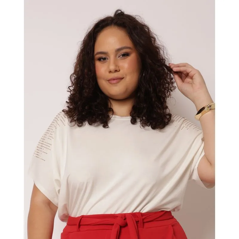 Blusa Plus Size Feminina com Strass Off White G1