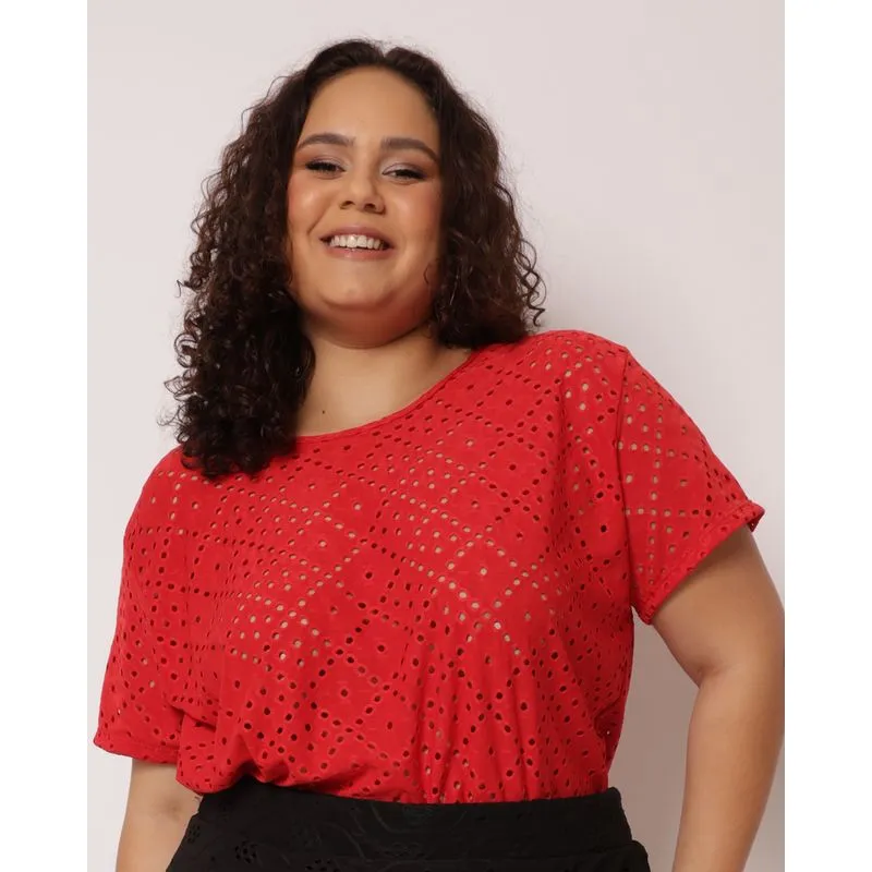 Blusa Plus Size Feminina Laise Manga Curta Vermelha G2