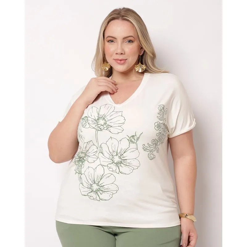 Blusa Plus Size Feminina Estampa com Strass Manga Curta Off White G1
