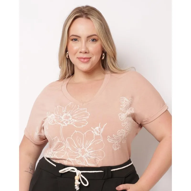 Blusa Plus Size Feminina Estampa com Strass Manga Curta Rosa G3