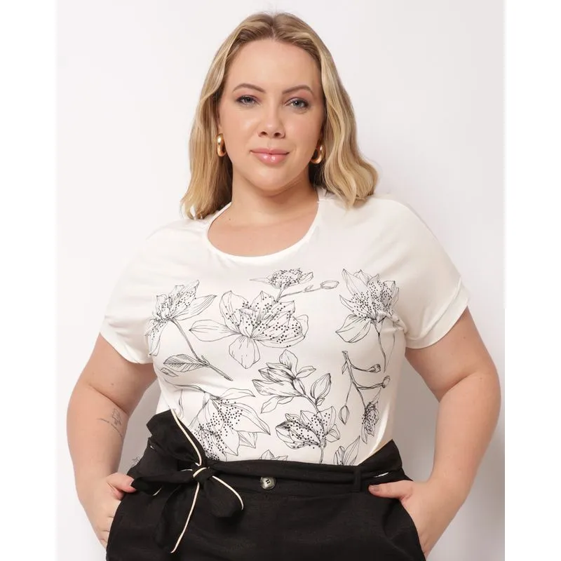 Blusa Plus Size Feminina Estampa com Strass Manga Curta Off White G3