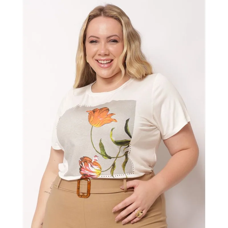 Blusa Plus Size Feminina Estampa com Strass Manga Curta Off White G2