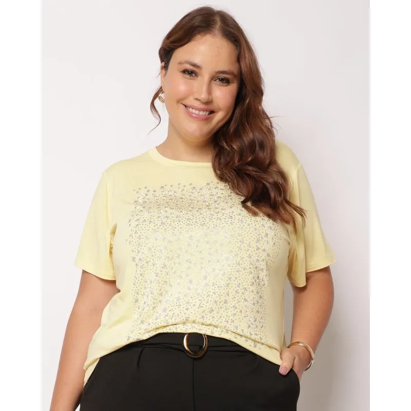 Blusa Feminina Plus Size Estampada com Strass Amarela G1