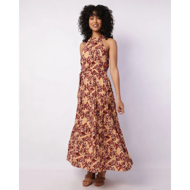 Vestido Feminino Berry & Co. Longo Viscose Estampado Laranja G