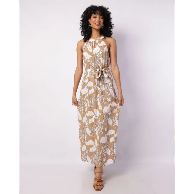Vestido Feminino Longo Viscose Berry & Co. com Fenda Estampado Bege GG